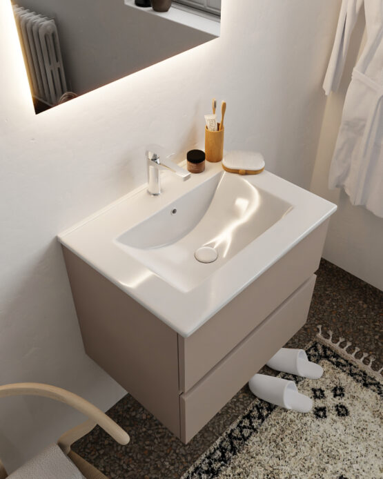 MONDIAZ VICA 60cm mueble de baño Smoke 2 cajones lavabo DENIA Centro 1 orificio con espejo LED.