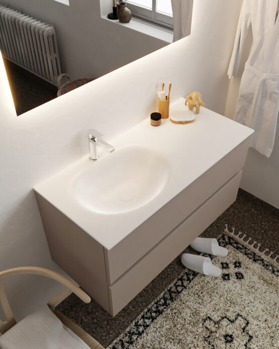 MONDIAZ VICA 100cm mueble de baño Smoke 2 cajones lavabo MOON Izquierda 1 orificio con espejo LED.