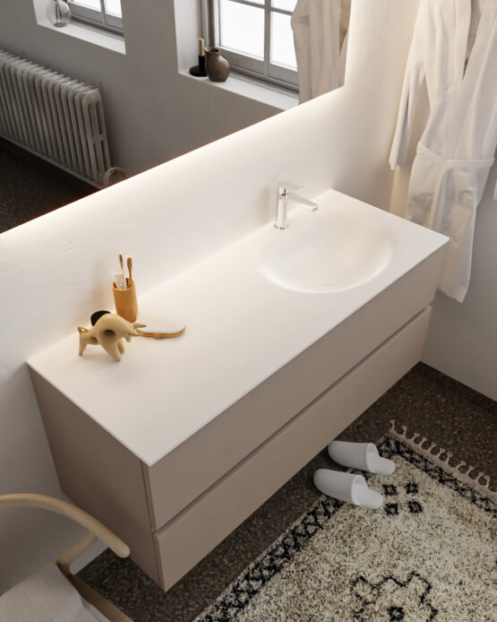 MONDIAZ VICA 120cm mueble de baño Smoke 2 cajones lavabo MOON Derecho 1 orificio con espejo LED.