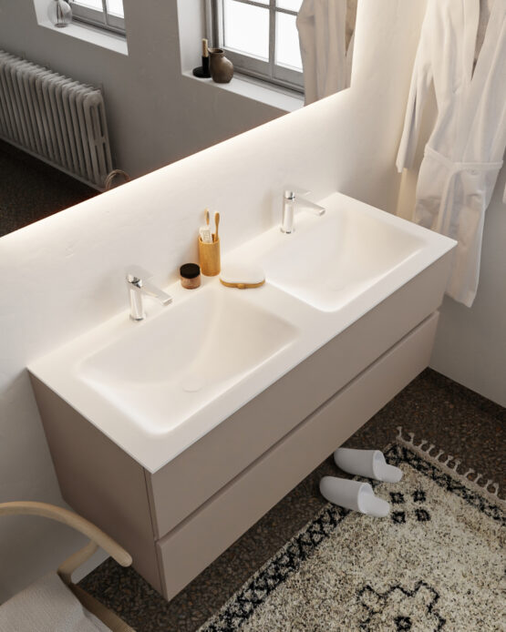 MONDIAZ VICA 120cm mueble de baño Smoke 2 cajones lavabo CLOUD Doble 2 orificios con espejo LED.