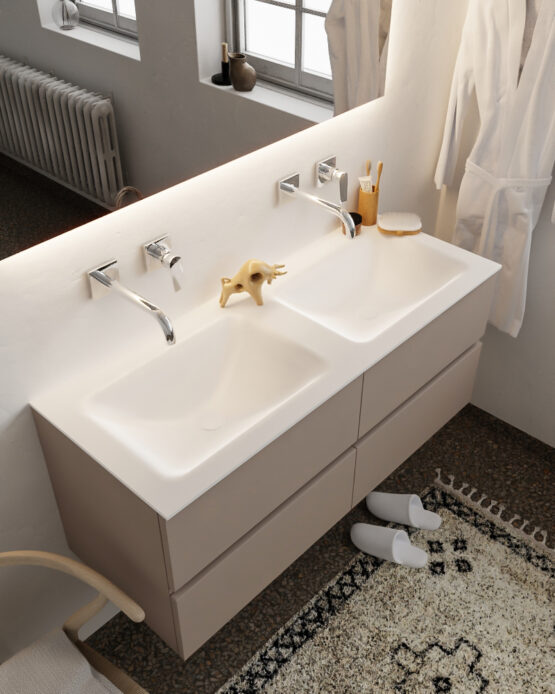 MONDIAZ VICA 120cm mueble de baño Smoke 4 cajones lavabo CLOUD Doble sin orificio con espejo LED.