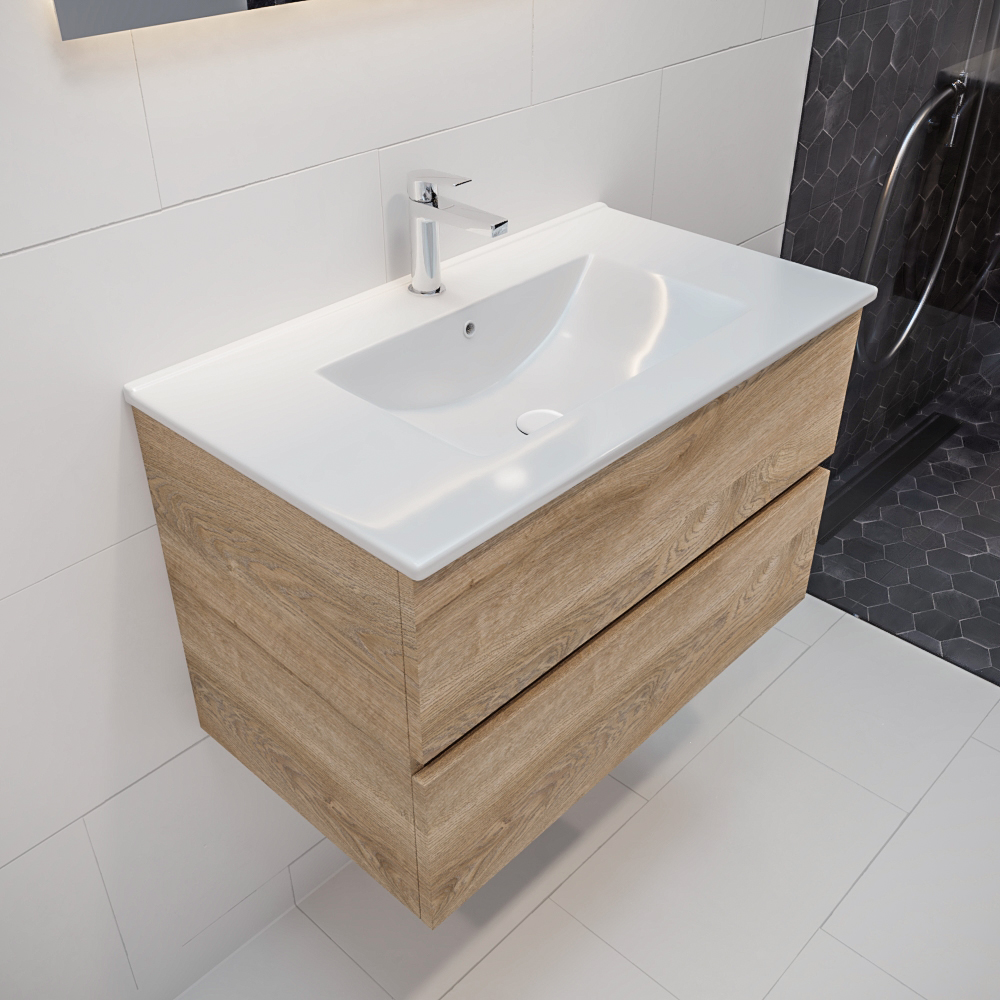 MONDIAZ VICA 80cm mueble de baño Washed Oak 2 cajones lavabo DENIA Centro 1 orificio con espejo LED. 1 MONDIAZ VICA 80cm mueble de baño Washed Oak 2 cajones lavabo DENIA Centro 1 orificio con espejo LED.