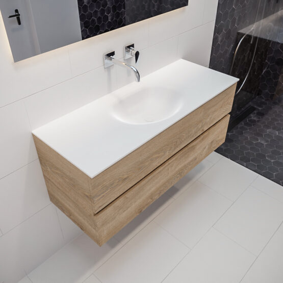 MONDIAZ VICA 120cm mueble de baño Washed Oak 2 cajones lavabo MOON Centro sin orificio con espejo LED.