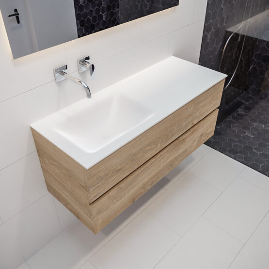 MONDIAZ VICA 120cm mueble de baño Washed Oak 2 cajones lavabo CLOUD Izquierda sin orificio con espejo LED.