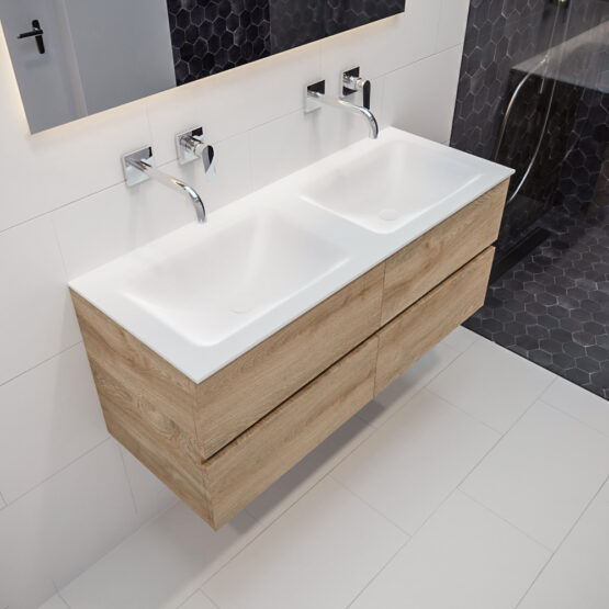 MONDIAZ VICA 120cm mueble de baño Washed Oak 4 cajones lavabo CLOUD Doble sin orificio con espejo LED.