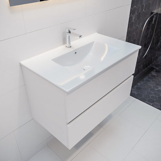 MONDIAZ VICA 80cm mueble de baño Talc 2 cajones lavabo DENIA Centro 1 orificio con espejo LED.