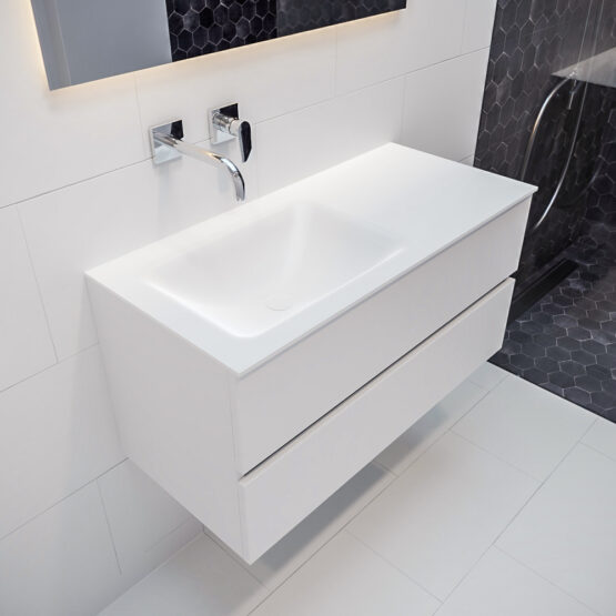 MONDIAZ VICA 100cm mueble de baño Talc 2 cajones lavabo CLOUD Izquierda sin orificio con espejo LED.