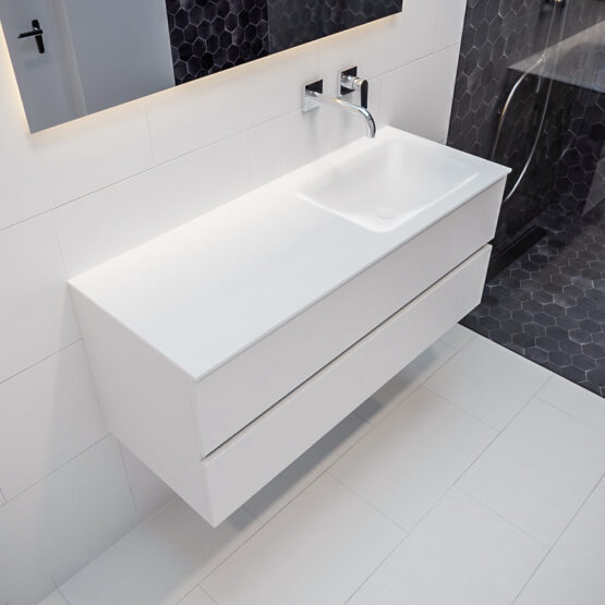MONDIAZ VICA 120cm mueble de baño Talc 2 cajones lavabo CLOUD Derecho sin orificio con espejo LED.
