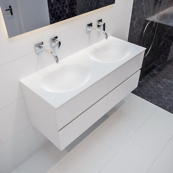 MONDIAZ VICA 120cm mueble de baño Talc 4 cajones lavabo MOON Doble sin orificio con espejo LED.