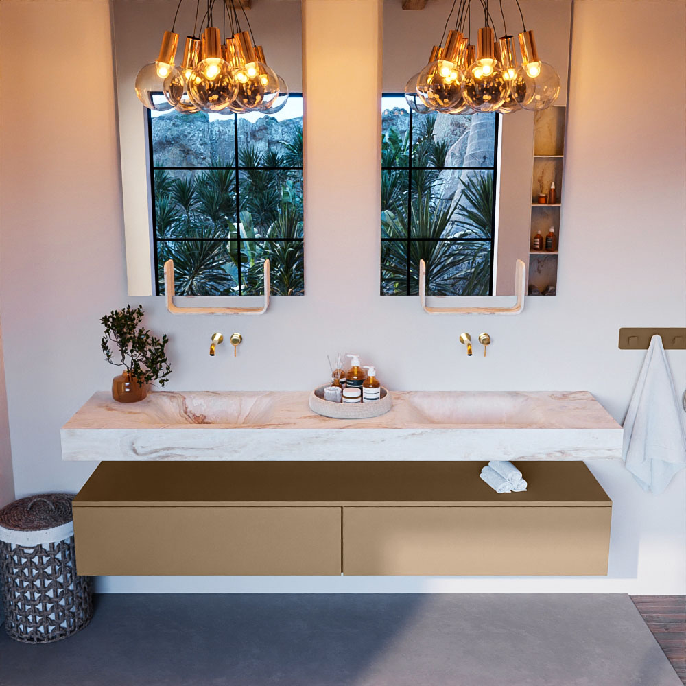 MONDIAZ ALAN-DLUX 200cm mueble de baño Oro 2 cajones. Lavabo CLOUD Doble sin orificios color Frappe. 2 MONDIAZ ALAN-DLUX 200cm mueble de baño Oro 2 cajones. Lavabo CLOUD Doble sin orificios color Frappe. - Imagen 2