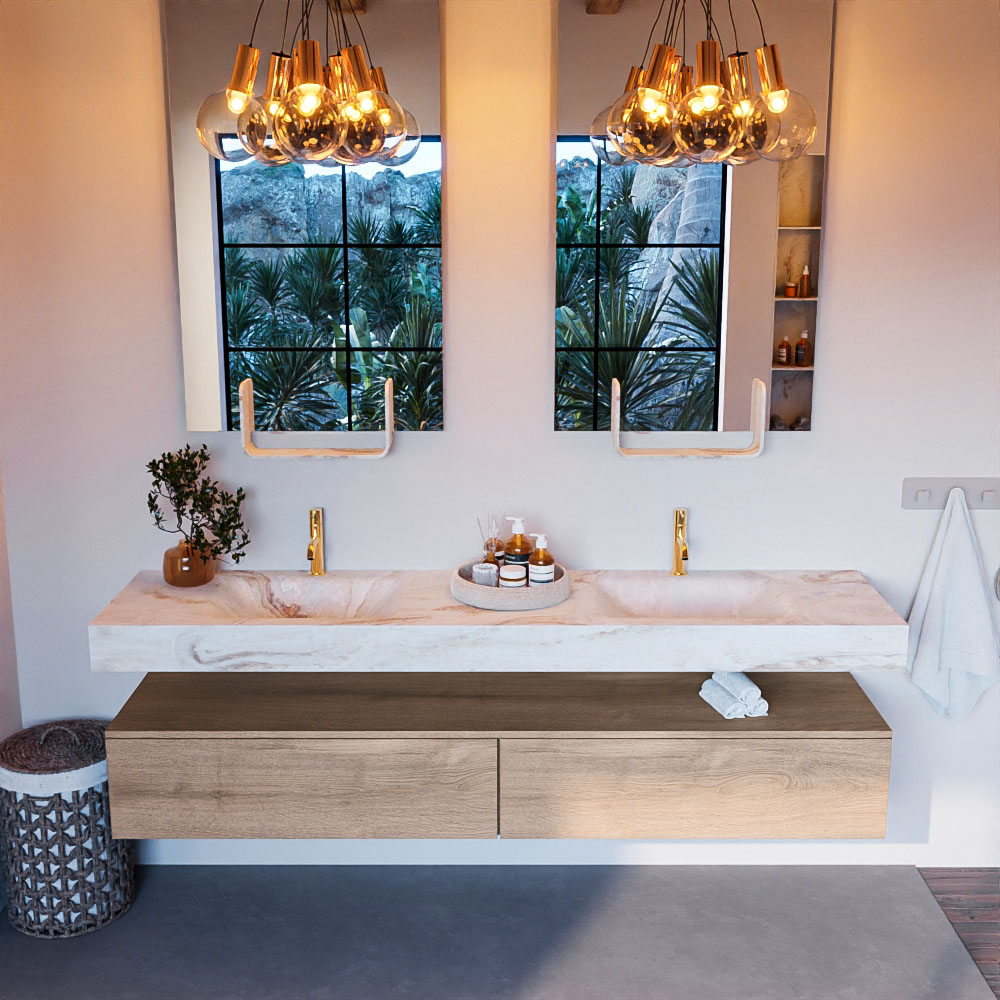 MONDIAZ ALAN-DLUX 200cm mueble de baño Washed Oak 2 cajones. Lavabo CLOUD Doble 2 orificios color Frappe. 2 MONDIAZ ALAN-DLUX 200cm mueble de baño Washed Oak 2 cajones. Lavabo CLOUD Doble 2 orificios color Frappe. - Imagen 2