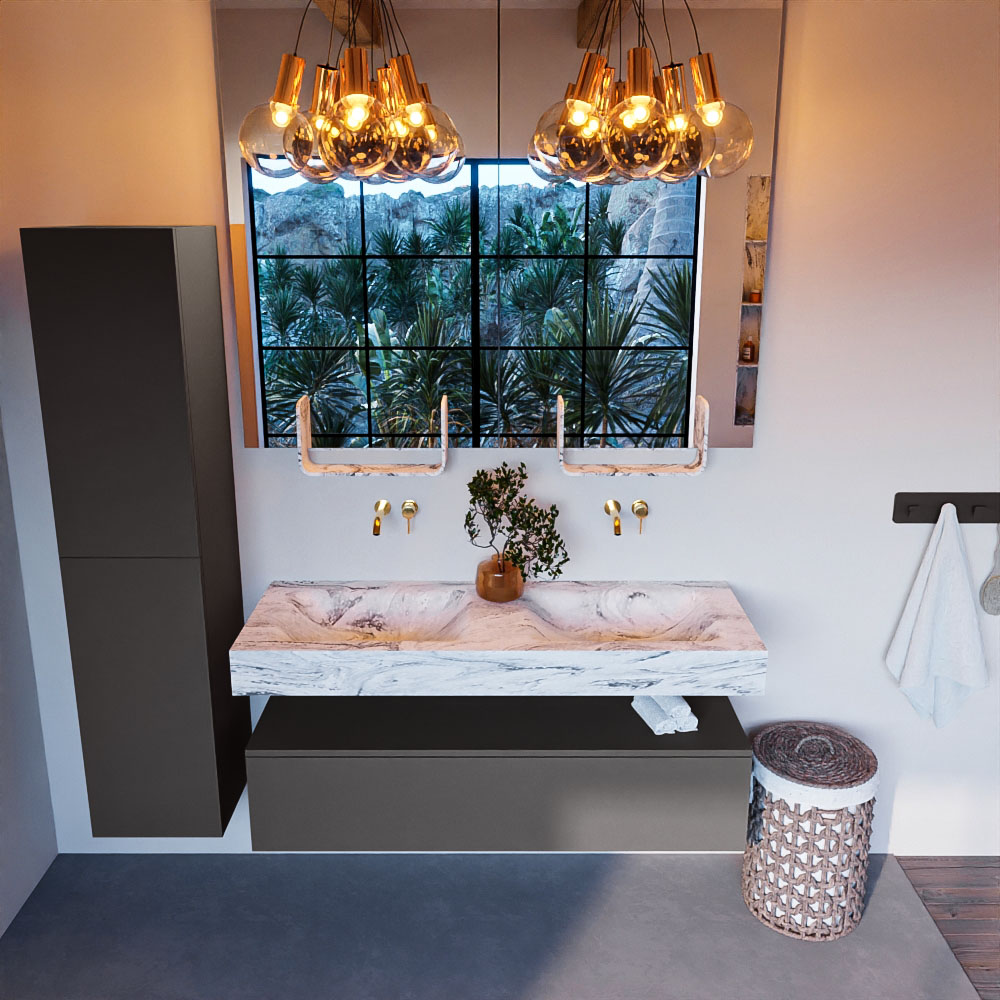 MONDIAZ ALAN-DLUX 130cm mueble de baño Dark Grey 1 cajón. Lavabo CLOUD Doble sin orificios color Glace. 2 MONDIAZ ALAN-DLUX 130cm mueble de baño Dark Grey 1 cajón. Lavabo CLOUD Doble sin orificios color Glace. - Imagen 2