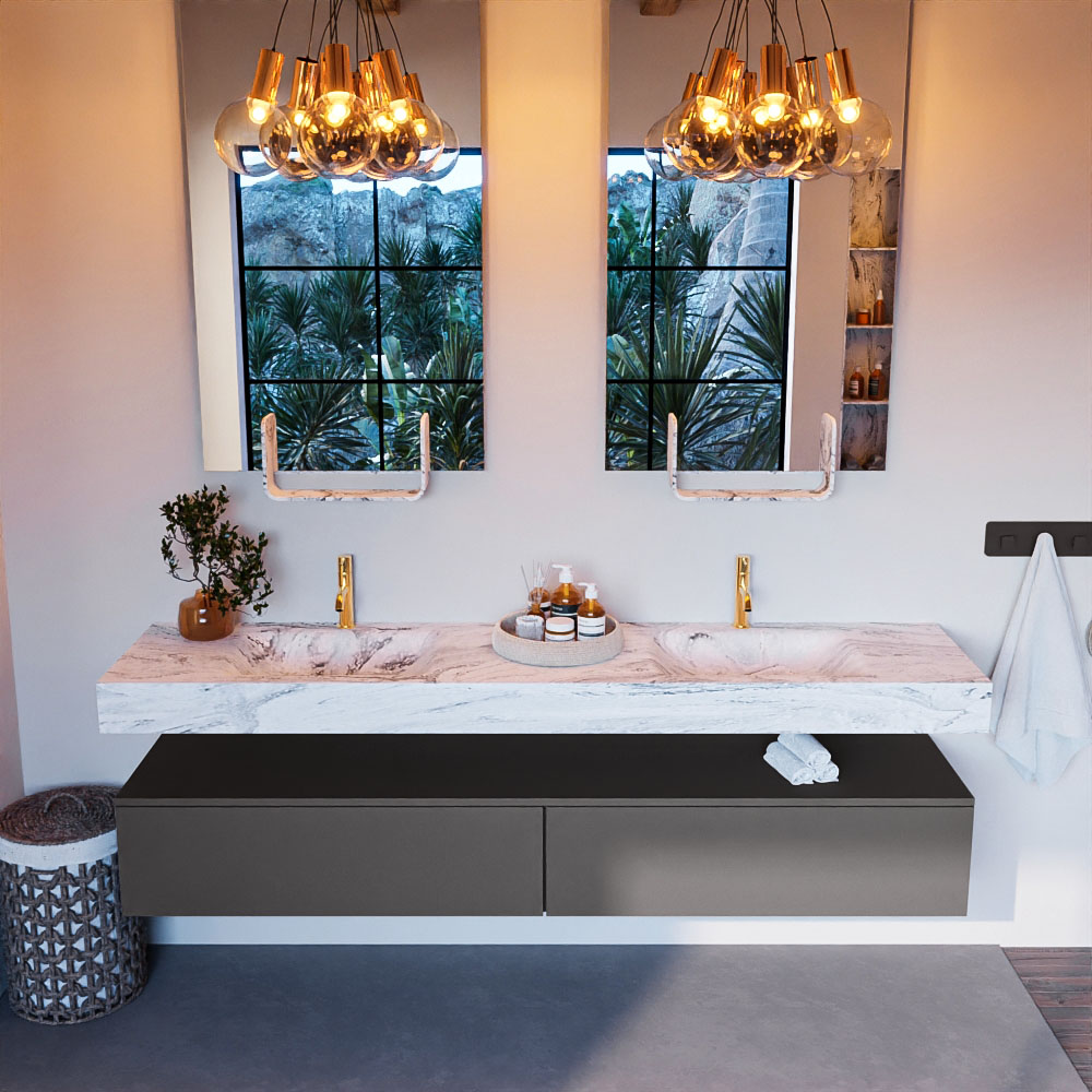 MONDIAZ ALAN-DLUX 200cm mueble de baño Dark Grey 2 cajones. Lavabo CLOUD Doble 2 orificios color Glace. 2 MONDIAZ ALAN-DLUX 200cm mueble de baño Dark Grey 2 cajones. Lavabo CLOUD Doble 2 orificios color Glace. - Imagen 2