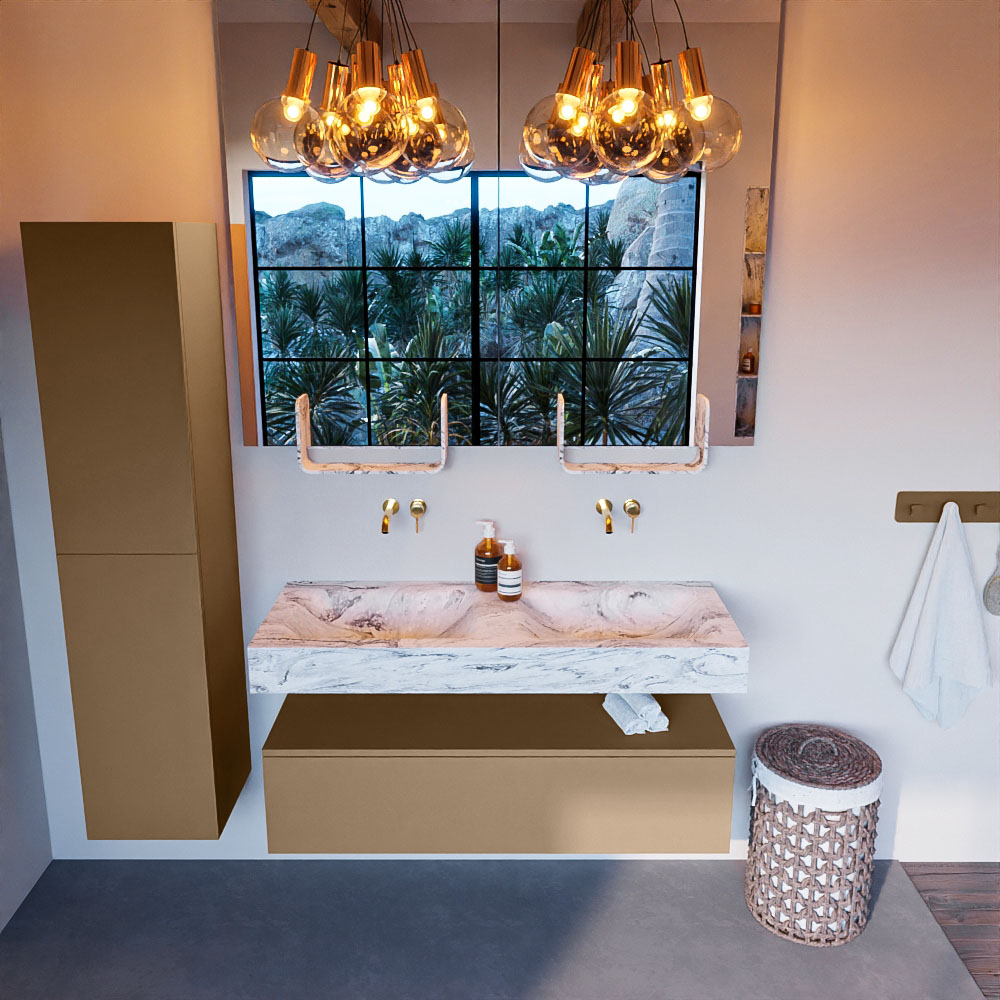 MONDIAZ ALAN-DLUX 120cm mueble de baño Oro 1 cajón. Lavabo CLOUD Doble sin orificios color Glace. 2 MONDIAZ ALAN-DLUX 120cm mueble de baño Oro 1 cajón. Lavabo CLOUD Doble sin orificios color Glace. - Imagen 2