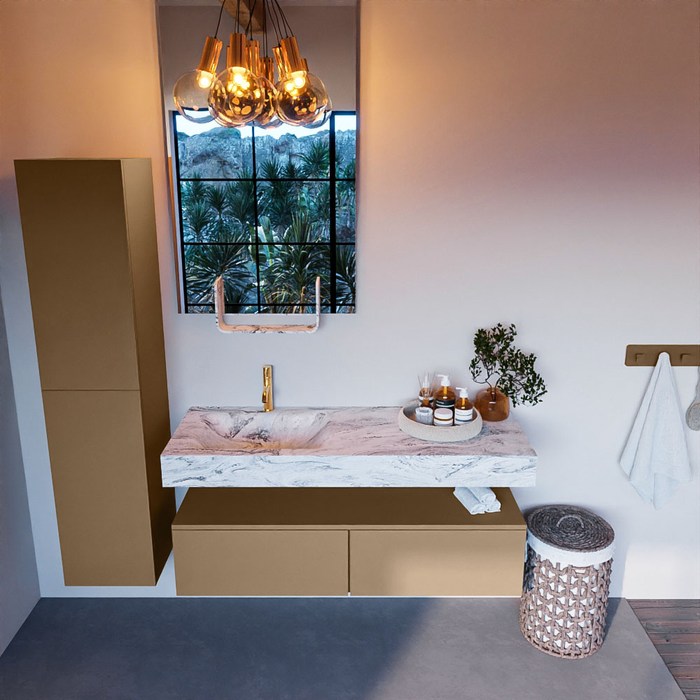 MONDIAZ ALAN-DLUX 130cm mueble de baño Oro 2 cajones. Lavabo CLOUD Izquierda 1 orificio color Glace. 2 MONDIAZ ALAN-DLUX 130cm mueble de baño Oro 2 cajones. Lavabo CLOUD Izquierda 1 orificio color Glace. - Imagen 2