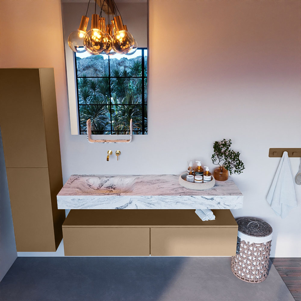 MONDIAZ ALAN-DLUX 150cm mueble de baño Oro 2 cajones. Lavabo CLOUD Izquierda sin orificios color Glace. 2 MONDIAZ ALAN-DLUX 150cm mueble de baño Oro 2 cajones. Lavabo CLOUD Izquierda sin orificios color Glace. - Imagen 2
