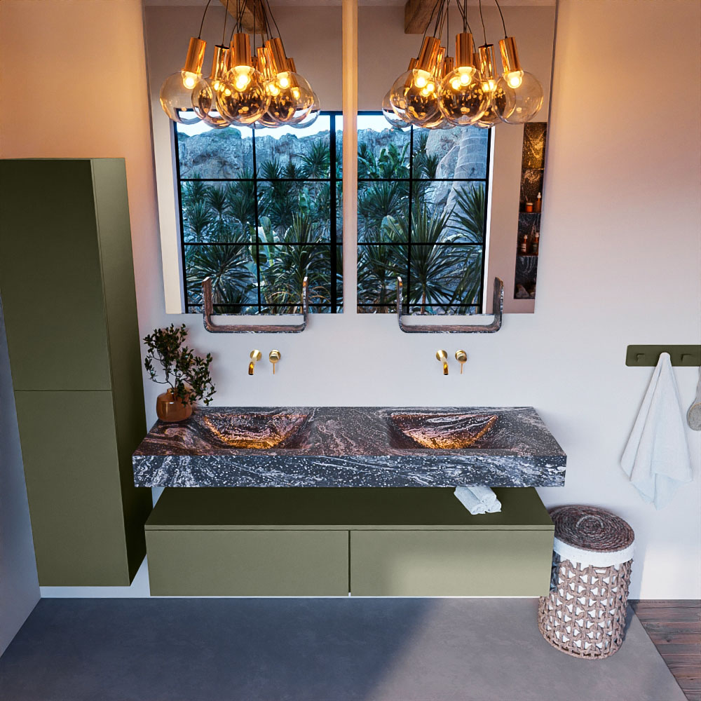MONDIAZ ALAN-DLUX 150cm mueble de baño Army 2 cajones. Lavabo CLOUD Doble sin orificios color Lava. 2 MONDIAZ ALAN-DLUX 150cm mueble de baño Army 2 cajones. Lavabo CLOUD Doble sin orificios color Lava. - Imagen 2
