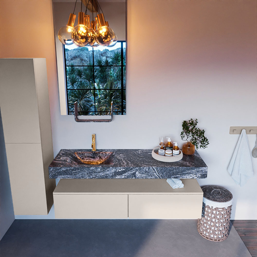 MONDIAZ ALAN-DLUX 150cm mueble de baño Linen 2 cajones. Lavabo CLOUD Izquierda 1 orificio color Lava. 2 MONDIAZ ALAN-DLUX 150cm mueble de baño Linen 2 cajones. Lavabo CLOUD Izquierda 1 orificio color Lava. - Imagen 2