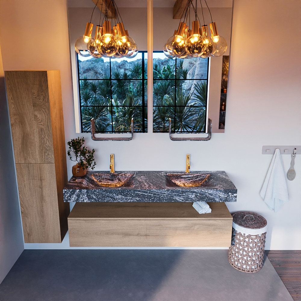 MONDIAZ ALAN-DLUX 150cm mueble de baño Washed Oak 1 cajón. Lavabo CLOUD Doble 2 orificios color Lava. 2 MONDIAZ ALAN-DLUX 150cm mueble de baño Washed Oak 1 cajón. Lavabo CLOUD Doble 2 orificios color Lava. - Imagen 2