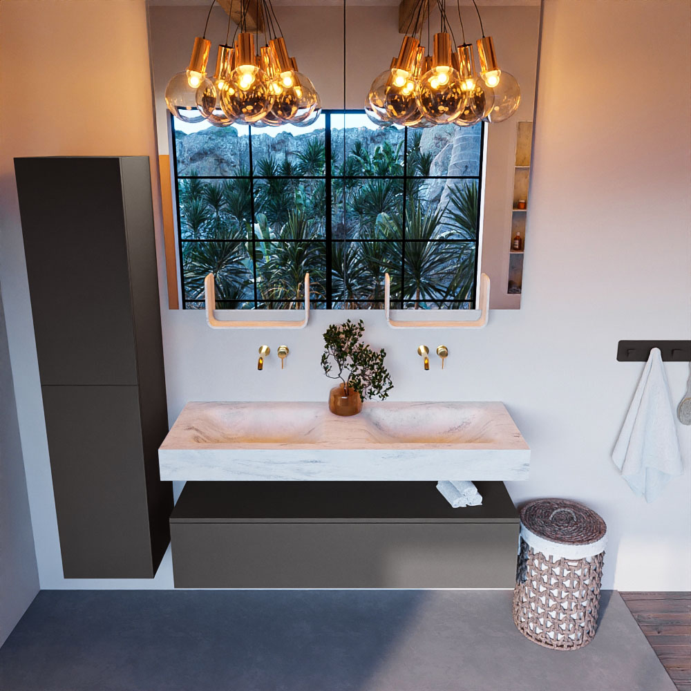 MONDIAZ ALAN-DLUX 130cm mueble de baño Dark Grey 1 cajón. Lavabo CLOUD Doble sin orificios color Opalo. 2 MONDIAZ ALAN-DLUX 130cm mueble de baño Dark Grey 1 cajón. Lavabo CLOUD Doble sin orificios color Opalo. - Imagen 2