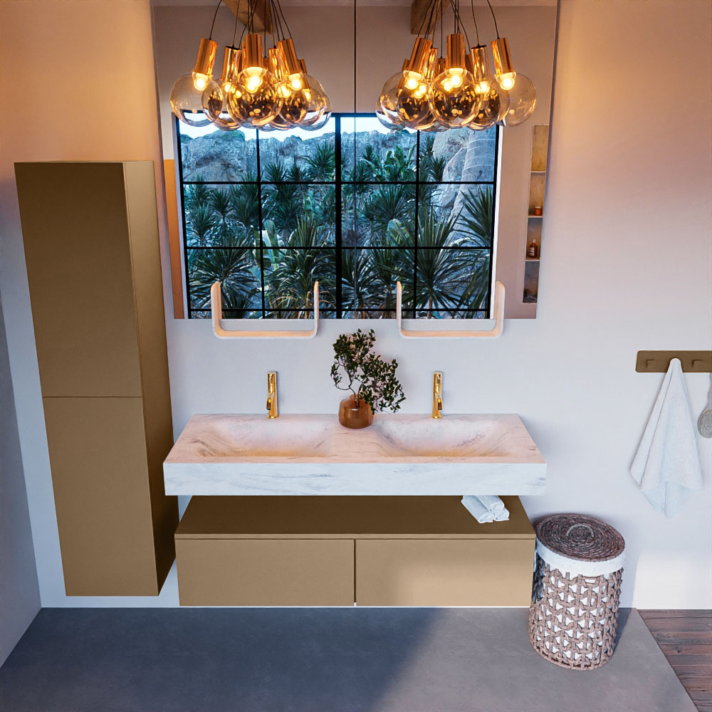MONDIAZ ALAN-DLUX 130cm mueble de baño Oro 2 cajones. Lavabo CLOUD Doble 2 orificios color Opalo. 2 MONDIAZ ALAN-DLUX 130cm mueble de baño Oro 2 cajones. Lavabo CLOUD Doble 2 orificios color Opalo. - Imagen 2