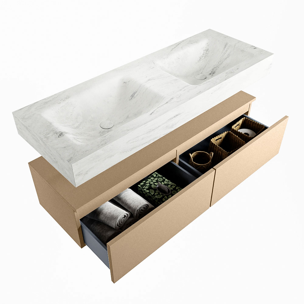 MONDIAZ ALAN-DLUX 130cm mueble de baño Oro 2 cajones. Lavabo CLOUD Doble 2 orificios color Opalo. 6 MONDIAZ ALAN-DLUX 130cm mueble de baño Oro 2 cajones. Lavabo CLOUD Doble 2 orificios color Opalo. - Imagen 6