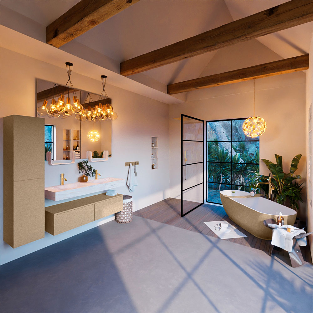 MONDIAZ ALAN-DLUX 130cm mueble de baño Oro 2 cajones. Lavabo CLOUD Doble 2 orificios color Opalo. 3 MONDIAZ ALAN-DLUX 130cm mueble de baño Oro 2 cajones. Lavabo CLOUD Doble 2 orificios color Opalo. - Imagen 3