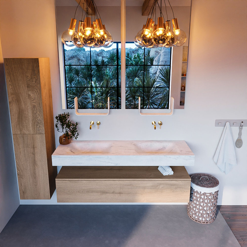 MONDIAZ ALAN-DLUX 150cm mueble de baño Washed Oak 1 cajón. Lavabo CLOUD Doble sin orificios color Opalo. 2 MONDIAZ ALAN-DLUX 150cm mueble de baño Washed Oak 1 cajón. Lavabo CLOUD Doble sin orificios color Opalo. - Imagen 2