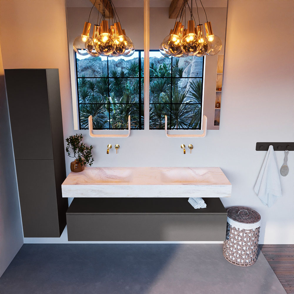 MONDIAZ ALAN-DLUX 150cm mueble de baño Dark Grey 1 cajón. Lavabo CLOUD Doble sin orificios color Ostra. 2 MONDIAZ ALAN-DLUX 150cm mueble de baño Dark Grey 1 cajón. Lavabo CLOUD Doble sin orificios color Ostra. - Imagen 2