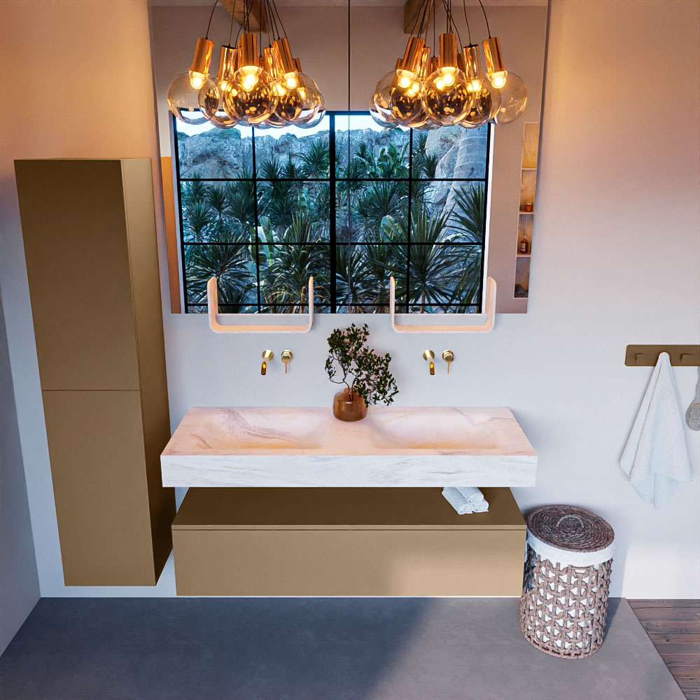 MONDIAZ ALAN-DLUX 130cm mueble de baño Oro 1 cajón. Lavabo CLOUD Doble sin orificios color Ostra. 2 MONDIAZ ALAN-DLUX 130cm mueble de baño Oro 1 cajón. Lavabo CLOUD Doble sin orificios color Ostra. - Imagen 2