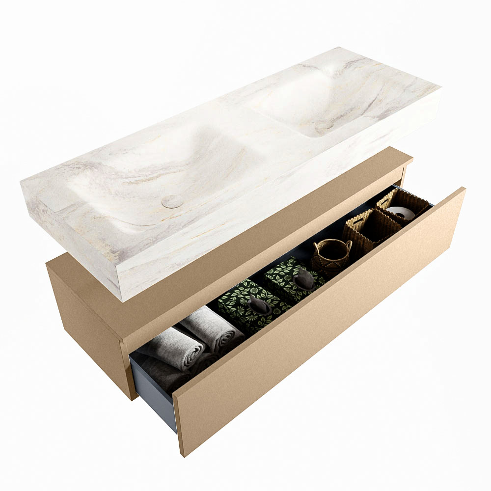 MONDIAZ ALAN-DLUX 130cm mueble de baño Oro 1 cajón. Lavabo CLOUD Doble sin orificios color Ostra. 6 MONDIAZ ALAN-DLUX 130cm mueble de baño Oro 1 cajón. Lavabo CLOUD Doble sin orificios color Ostra. - Imagen 6