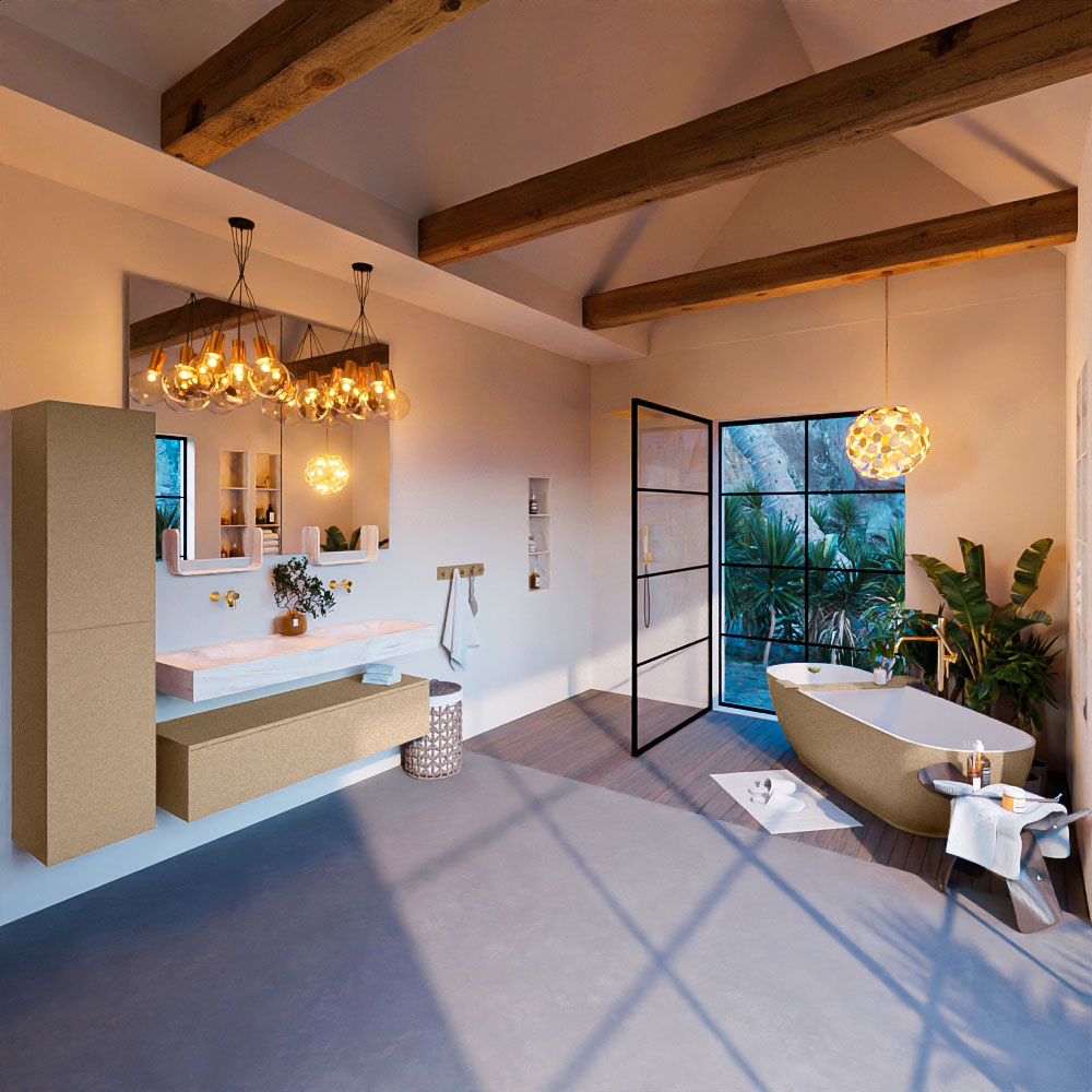 MONDIAZ ALAN-DLUX 130cm mueble de baño Oro 1 cajón. Lavabo CLOUD Doble sin orificios color Ostra. 3 MONDIAZ ALAN-DLUX 130cm mueble de baño Oro 1 cajón. Lavabo CLOUD Doble sin orificios color Ostra. - Imagen 3
