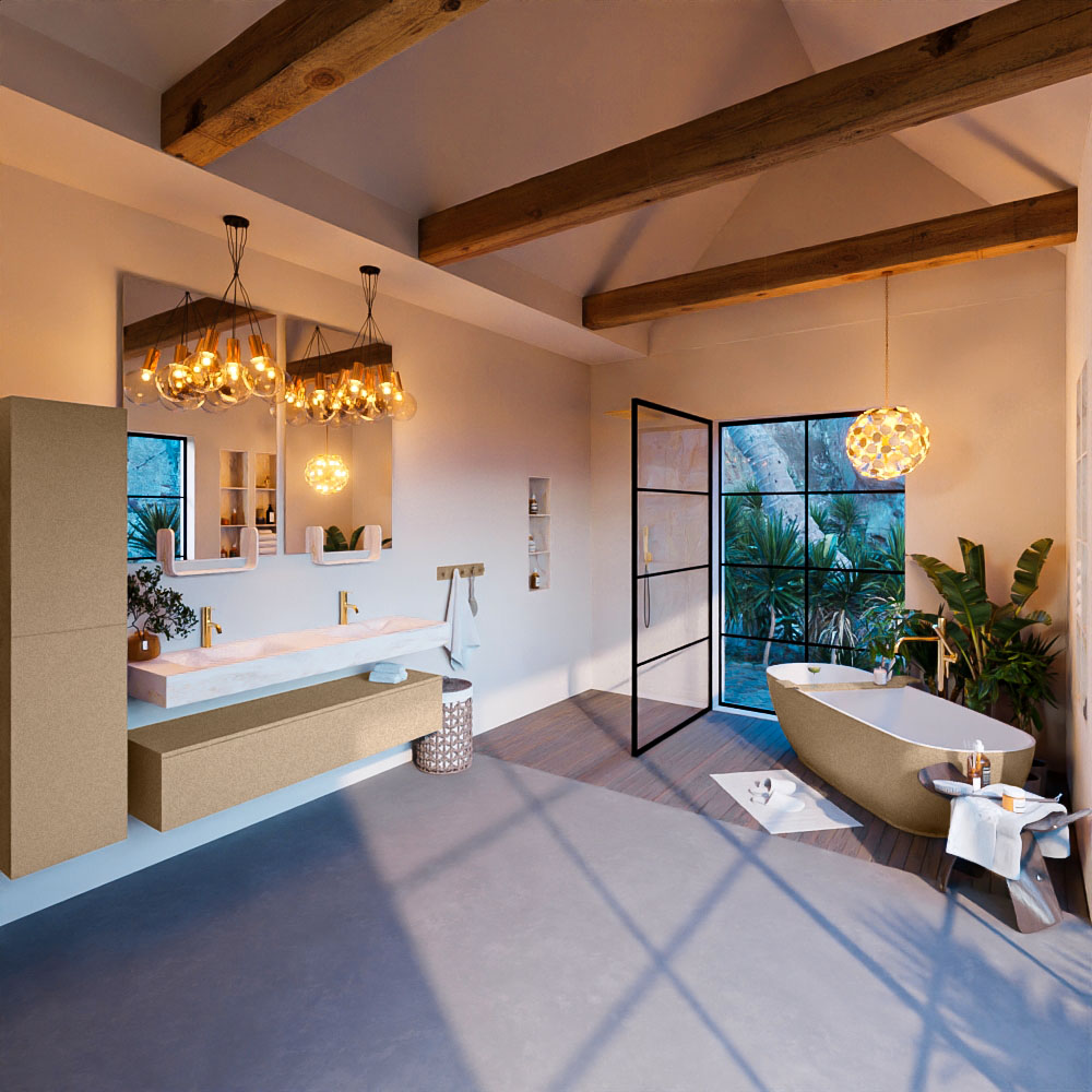 MONDIAZ ALAN-DLUX 150cm mueble de baño Oro 1 cajón. Lavabo CLOUD Doble 2 orificios color Ostra. 3 MONDIAZ ALAN-DLUX 150cm mueble de baño Oro 1 cajón. Lavabo CLOUD Doble 2 orificios color Ostra. - Imagen 3