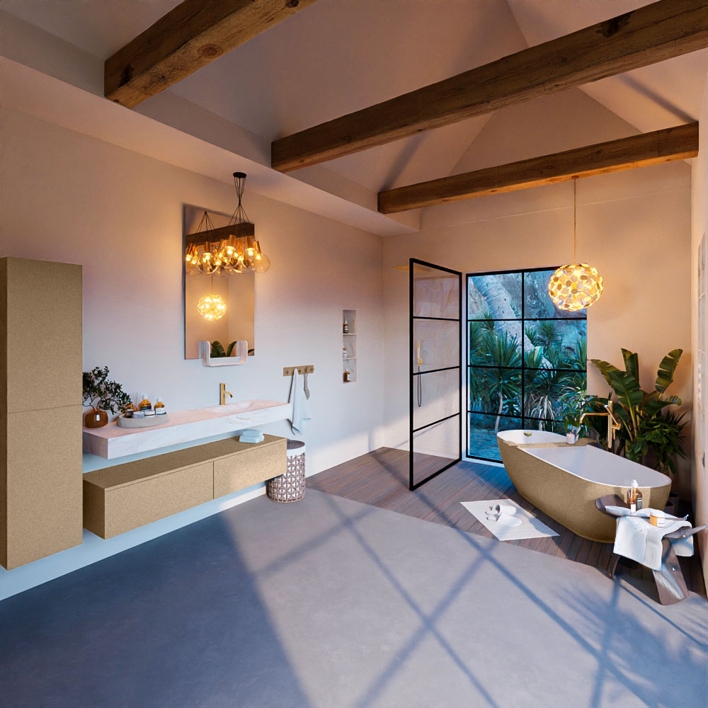 MONDIAZ ALAN-DLUX 150cm mueble de baño Oro 2 cajones. Lavabo CLOUD Derecho 1 orificio color Ostra. 3 MONDIAZ ALAN-DLUX 150cm mueble de baño Oro 2 cajones. Lavabo CLOUD Derecho 1 orificio color Ostra. - Imagen 3