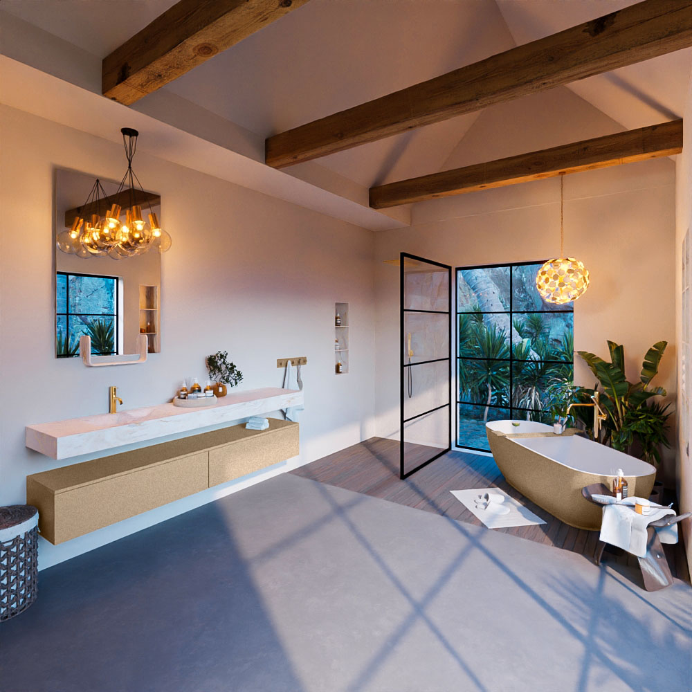 MONDIAZ ALAN-DLUX 200cm mueble de baño Oro 2 cajones. Lavabo CLOUD Izquierda 1 orificio color Ostra. 3 MONDIAZ ALAN-DLUX 200cm mueble de baño Oro 2 cajones. Lavabo CLOUD Izquierda 1 orificio color Ostra. - Imagen 3