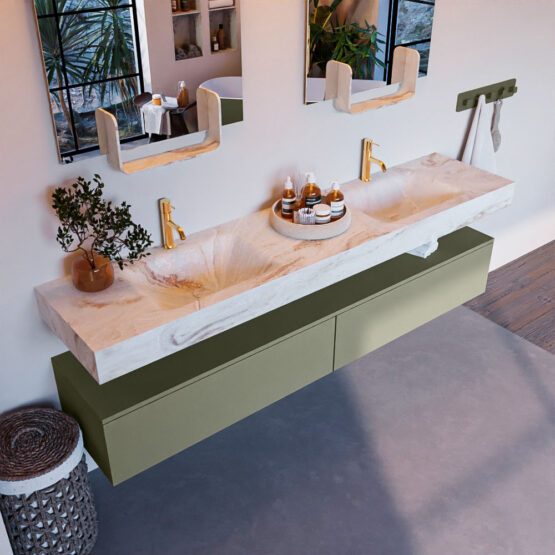 MONDIAZ ALAN-DLUX 200cm mueble de baño Army 2 cajones. Lavabo CLOUD Doble 2 orificios color Frappe.