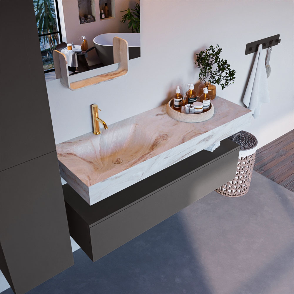 MONDIAZ ALAN-DLUX 130cm mueble de baño Dark Grey 1 cajón. Lavabo CLOUD Izquierda 1 orificio color Frappe. 1 MONDIAZ ALAN-DLUX 130cm mueble de baño Dark Grey 1 cajón. Lavabo CLOUD Izquierda 1 orificio color Frappe.