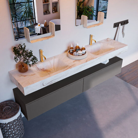 MONDIAZ ALAN-DLUX 200cm mueble de baño Dark Grey 2 cajones. Lavabo CLOUD Doble 2 orificios color Frappe.