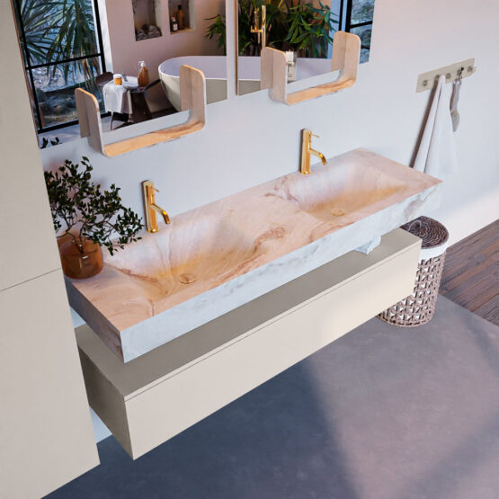 MONDIAZ ALAN-DLUX 150cm mueble de baño Linen 1 cajón. Lavabo CLOUD Doble 2 orificios color Frappe.