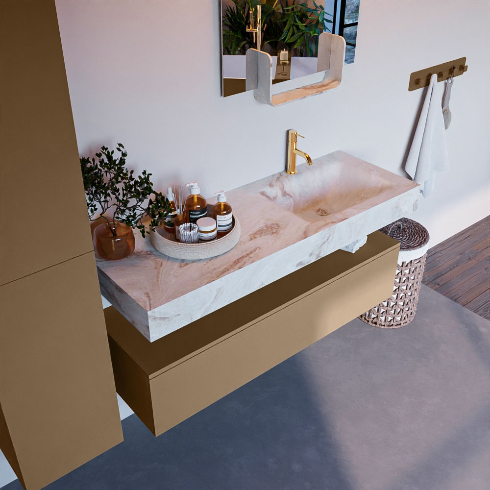 MONDIAZ ALAN-DLUX 130cm mueble de baño Oro 1 cajón. Lavabo CLOUD Derecho 1 orificio color Frappe. 1 MONDIAZ ALAN-DLUX 130cm mueble de baño Oro 1 cajón. Lavabo CLOUD Derecho 1 orificio color Frappe.
