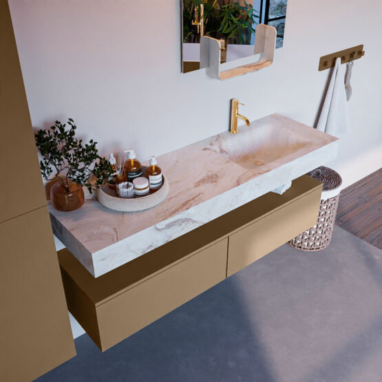 MONDIAZ ALAN-DLUX 150cm mueble de baño Oro 2 cajones. Lavabo CLOUD Derecho 1 orificio color Frappe.