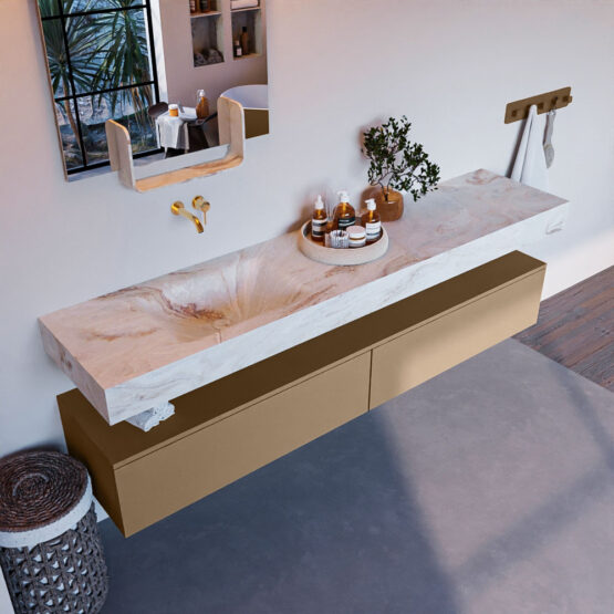 MONDIAZ ALAN-DLUX 200cm mueble de baño Oro 2 cajones. Lavabo CLOUD Izquierda sin orificios color Frappe.