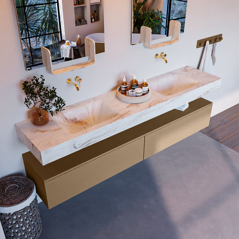 MONDIAZ ALAN-DLUX 200cm mueble de baño Oro 2 cajones. Lavabo CLOUD Doble sin orificios color Frappe. 1 MONDIAZ ALAN-DLUX 200cm mueble de baño Oro 2 cajones. Lavabo CLOUD Doble sin orificios color Frappe.