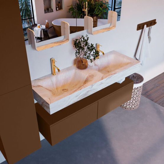 MONDIAZ ALAN-DLUX 130cm mueble de baño Rust 2 cajones. Lavabo CLOUD Doble 2 orificios color Frappe.