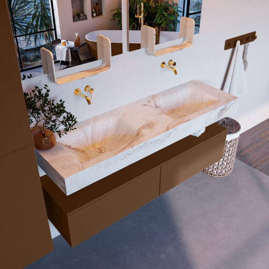 MONDIAZ ALAN-DLUX 150cm mueble de baño Rust 2 cajones. Lavabo CLOUD Doble sin orificios color Frappe.