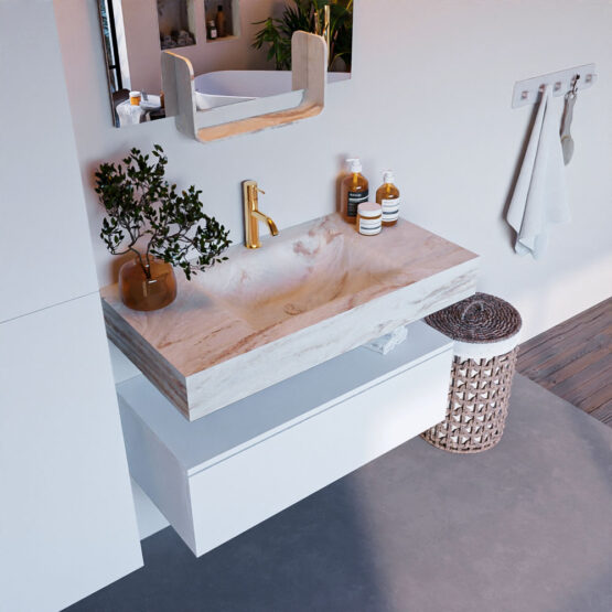 MONDIAZ ALAN-DLUX 90cm mueble de baño Talc 1 cajón. Lavabo CLOUD Centro 1 orificio color Frappe.