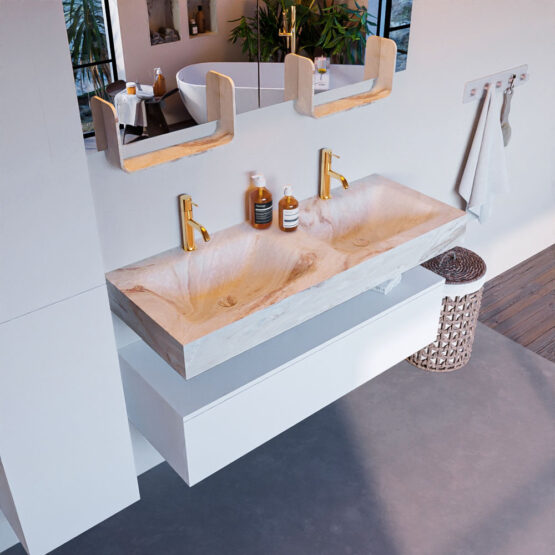 MONDIAZ ALAN-DLUX 120cm mueble de baño Talc 1 cajón. Lavabo CLOUD Doble 2 orificios color Frappe.