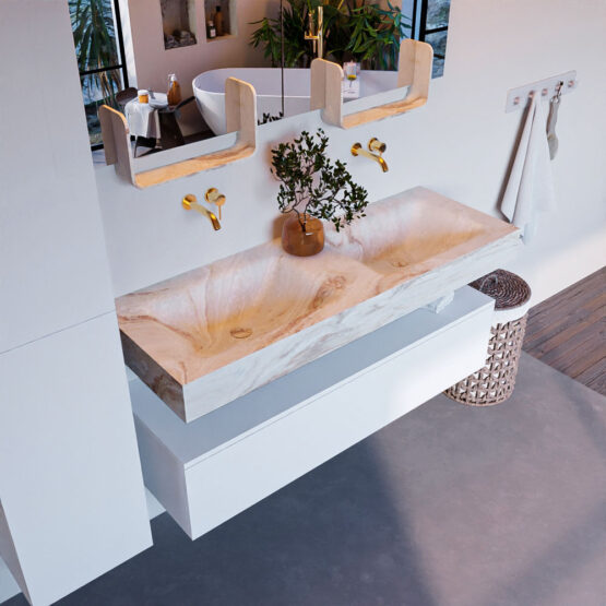 MONDIAZ ALAN-DLUX 130cm mueble de baño Talc 1 cajón. Lavabo CLOUD Doble sin orificios color Frappe.