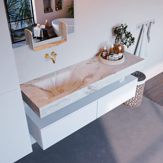 MONDIAZ ALAN-DLUX 150cm mueble de baño Talc 2 cajones. Lavabo CLOUD Izquierda sin orificios color Frappe.