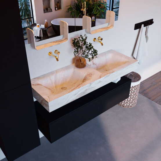 MONDIAZ ALAN-DLUX 130cm mueble de baño Urban 1 cajón. Lavabo CLOUD Doble sin orificios color Frappe.